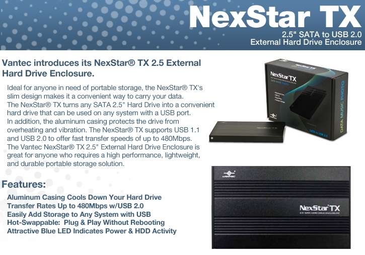 Vantec NexStar TX NST210S2BK Hard Drive Enclosure 2.5 SATA to USB 2